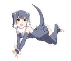 Rule 34 | 10s, 1girl, :d, animal ears, bare shoulders, breasts, brown eyes, cirnocchi, cleavage, collar, elbow gloves, fingerless gloves, floating, frilled swimsuit, frills, full body, fur collar, gloves, gradient hair, grey gloves, grey hair, grey one-piece swimsuit, grey thighhighs, kemono friends, legs up, looking at viewer, lying, medium breasts, multicolored clothes, multicolored hair, multicolored swimsuit, no shoes, on stomach, one-piece swimsuit, open mouth, otter ears, otter tail, short hair, simple background, small-clawed otter (kemono friends), smile, solo, swimsuit, tail, thighhighs, toeless legwear, toes, tsurime, two-tone hair, white background, white hair