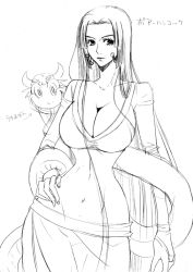 Rule 34 | 1girl, black hair, boa hancock, breasts, cleavage, earrings, female focus, horns, jewelry, long hair, monochrome, one piece, outline, pet, salome (one piece), side slit, skull, snake, solo, white background