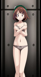 Rule 34 | 1girl, against wall, bare arms, bare legs, bra, breasts, brown eyes, brown hair, cleavage, collarbone, covering breasts, covering privates, creatures (company), game freak, gloria (pokemon), green headwear, grey bra, grey panties, highres, looking at viewer, navel, nintendo, open mouth, panties, pokemon, pokemon swsh, ribbon panties, short hair, small breasts, solo, standing, sweatdrop, thigh gap, tsukishiro saika, underwear, underwear only, wavy mouth