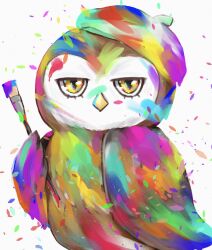 Rule 34 | absurdres, animal, bird, check copyright, colorful, copyright request, hat, highres, holding, holding paintbrush, looking at viewer, m.tokotsu, mimizuku (sky: children of the light), multicolored fur, no humans, owl, paintbrush, petals, sky: children of the light, yellow eyes