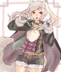 Rule 34 | 1girl, animal ears, animal hands, belt, fire emblem, fire emblem awakening, fire emblem heroes, fur trim, gloves, grima (fire emblem), halloween costume, highres, jiro yuriesu, long sleeves, nintendo, open mouth, paw gloves, red eyes, robin (female) (fire emblem), robin (fire emblem), shorts, solo, tail, twintails, white hair, wolf ears, wolf tail
