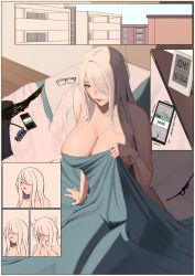 Rule 34 | 1girl, alarm clock, aqua eyes, arm support, bare shoulders, bed, black-framed eyewear, blanket, blush, bracelet, breasts, building, cellphone, cleavage, clock, from above, glasses, hair ornament, hairclip, highres, jewelry, jian feng, large breasts, long hair, mature female, mole, mole under eye, nude, open mouth, original, phone, pillow, smartphone, sneezing, white hair