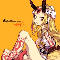 Rule 34 | 1girl, arm tattoo, bare shoulders, blonde hair, breasts, earrings, facial tattoo, fate/grand order, fate (series), fishine, horns, ibaraki douji (fate), japanese clothes, jewelry, kimono, leg tattoo, long hair, looking at viewer, oni, open mouth, pointy ears, simple background, sitting, solo, tattoo, yellow background, yellow eyes