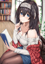 Rule 34 | 1girl, bad id, bad pixiv id, bare shoulders, black hair, black pantyhose, blue eyes, blurry, blush, bokeh, book, breasts, cleavage, coffeedog, collarbone, depth of field, closed eyes, finger to mouth, from side, hair between eyes, hairband, highres, idolmaster, idolmaster cinderella girls, indoors, large breasts, long hair, looking at viewer, off-shoulder, off-shoulder sweater, off shoulder, open book, pantyhose, plaid, ribbed sweater, sagisawa fumika, shawl, sidelocks, sitting, skirt, smile, solo, sweater