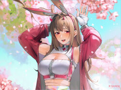 Rule 34 | 1girl, :d, absurdres, animal ears, armpits, arms up, belt, blush, breasts, brown hair, cherry blossoms, cleavage, earrings, fake animal ears, goddess of victory: nikke, highres, horns, jacket, jewelry, large breasts, looking at viewer, lufi ays, nail polish, open mouth, purple eyes, rabbit ears, smile, solo, viper (nikke)