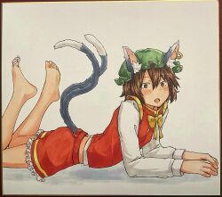 Rule 34 | 1girl, absurdres, animal ear fluff, animal ear piercing, animal ears, bare legs, barefoot, blush, bow, bowtie, breasts, brown eyes, brown hair, cat ears, cat tail, chagamaka, chen, clothing cutout, double-parted bangs, earrings, fang, feet, feet up, frills, from side, gold trim, green hat, hair between eyes, hat, highres, jewelry, long sleeves, looking at viewer, lying, midriff, mob cap, multiple tails, nekomata, on stomach, open mouth, petticoat, red skirt, red vest, short hair, simple background, single earring, skin fang, skirt, skirt set, small breasts, soles, solo, tail, tail through clothes, toes, touhou, traditional media, two tails, vest, white background, yellow bow, yellow bowtie