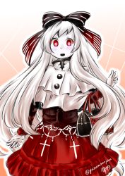 Rule 34 | 10s, 1girl, abyssal ship, airfield princess, alternate costume, blush, bow, dress, hair bow, kantai collection, long hair, looking at viewer, open mouth, pale skin, personification, red eyes, solo, very long hair, white hair, yuzu momo