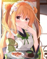 Rule 34 | 1girl, :t, absurdres, apron, armpit crease, blush, brown eyes, closed mouth, dango, day, detached sleeves, double bun, eating, flower, food, frilled apron, frills, green kimono, green tea, hair between eyes, hair bun, hair flower, hair ornament, hand to own mouth, highres, holding, holding plate, indoors, japanese clothes, kimono, kujou danbo, long hair, long sleeves, looking at viewer, maid, maid apron, maid headdress, obi, orange hair, original, plate, sash, sleeveless, sleeveless kimono, solo, tea, upper body, wa maid, wagashi, white apron, wide sleeves