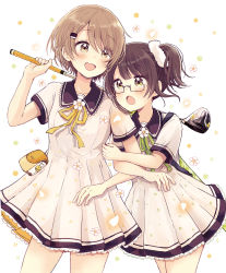 Rule 34 | 2girls, :d, absurdres, arm hug, black-framed eyewear, blush, breasts, brown eyes, brown hair, collared dress, commentary request, dress, eyes visible through hair, glasses, golf club, green ribbon, hair ornament, hair over one eye, hairclip, hand up, highres, holding, multiple girls, neck ribbon, open mouth, pleated dress, ribbon, sakura oriko, semi-rimless eyewear, short sleeves, side ponytail, simple background, small breasts, smile, swing!!, under-rim eyewear, white background, white dress, yellow ribbon