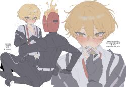 Rule 34 | 1boy, 1other, black coat, black gloves, black pants, black shirt, blonde hair, blush, coat, collared shirt, dante (limbus company), gloves, highres, id card, limbus company, long sleeves, male focus, maratang, multiple boys, necktie, object head, off shoulder, pants, project moon, shirt, simple background, sinclair (project moon), sitting, sitting on person, steam, straddling, sweat, undone necktie, white background, white shirt, yellow eyes