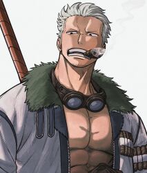 Rule 34 | 1boy, abs, bara, cigar, facial hair, frown, goatee stubble, goggles, goggles around neck, grey hair, highres, large pectorals, long sideburns, looking to the side, male focus, mature male, one piece, pectoral cleavage, pectorals, short hair, sideburns, smoker (one piece), solo, stubble, tonta (tonta1231), upper body