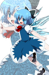 Rule 34 | 1girl, :d, ahoge, bad id, bad pixiv id, blue eyes, blue hair, bow, cirno, hair bow, marimo danshaku, mary janes, matching hair/eyes, open mouth, pointing, shoes, short hair, smile, solo, touhou, wings, zoom layer