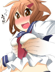 Rule 34 | ^^^, 10s, 1girl, aki (akikaze asparagus), ascot, blush, grabbing another&#039;s breast, breasts, brown eyes, brown hair, disembodied limb, covered erect nipples, fang, full-face blush, grabbing, hair ornament, hairclip, ikazuchi (kancolle), kantai collection, neckerchief, school uniform, serafuku, sexual harassment, short hair, small breasts, solo focus, surprised, translation request