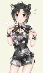 Rule 34 | 1girl, animal ears, antenna hair, black dress, black eyes, black hair, blush, cat ears, china dress, chinese clothes, cleavage cutout, clothing cutout, collarbone, covered navel, cowboy shot, dress, floral print, hair between eyes, highres, idolmaster, idolmaster (classic), kikuchi makoto, looking at viewer, mogskg, print dress, short dress, short hair, simple background, smile, solo, standing, striped clothes, striped dress, white background, wide sleeves, wrist cuffs