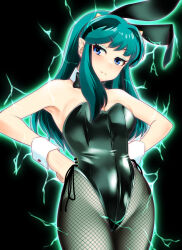 Rule 34 | 1girl, absurdres, aura, black background, black bow, black bowtie, black leotard, black pantyhose, blue eyes, bow, bowtie, breasts, bunny day, commentary request, cone horns, electricity, fishnet pantyhose, fishnets, green hair, hands on own hips, highres, horns, leotard, long hair, looking at viewer, lum, medium breasts, multicolored hair, nanao futaba, pantyhose, pointy ears, pout, side-tie leotard, simple background, solo, strapless, strapless leotard, streaked hair, two-tone hair, urusei yatsura