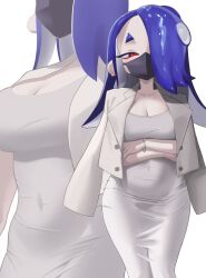 Rule 34 | 1girl, absurdres, alternate costume, alternate hairstyle, black mask, blue hair, bracelet, breasts, cephalopod eyes, cleavage, covered mouth, covered navel, cowboy shot, crossed arms, dress, earrings, hair over one eye, highres, jacket, jacket on shoulders, jewelry, large breasts, long dress, long hair, looking at viewer, mask, mouth mask, nintendo, octoling, one eye covered, ppuna, red eyes, red pupils, shiver (splatoon), sleeveless, sleeveless dress, solo, splatoon (series), splatoon 3, suction cups, tentacle hair, white background, white dress, white jacket