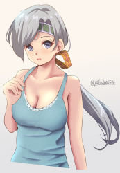 Rule 34 | 1girl, absurdres, alternate costume, blue tank top, chitose (kancolle), commentary request, cropped torso, grey background, grey eyes, grey hair, highres, kamikitayotsuba, kantai collection, long hair, low ponytail, one-hour drawing challenge, ponytail, simple background, solo, tank top, twitter username, upper body