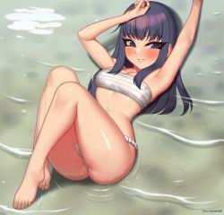 Rule 34 | 1girl, akari (pokemon), armpits, arms up, ass, bandages, bare arms, bare shoulders, barefoot, black eyes, black hair, blush, breasts, chest sarashi, cleavage, commentary request, commission, creatures (company), full body, fundoshi, game freak, hand on forehead, japanese clothes, knees up, kuroonehalf, long hair, looking at viewer, lying, medium breasts, nintendo, on back, parted lips, pokemon, pokemon legends: arceus, sarashi, shiny skin, sidelocks, smile, solo, teeth, toes, water, wet
