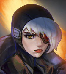 Rule 34 | 1girl, absurdres, apex legends, black headwear, brown eyes, deep current wattson, eyepatch, facial scar, grey background, hair over one eye, highres, looking at viewer, one eye covered, peter chai, scar, scar on cheek, scar on face, serious, solo, wattson (apex legends), white hair