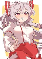 Rule 34 | 1girl, absurdres, bow, collared shirt, commentary request, cowboy shot, e sdss, fujiwara no mokou, grey hair, grin, hand in pocket, highres, juliet sleeves, long hair, long sleeves, looking at viewer, ofuda, ofuda on clothes, pants, puffy sleeves, red bow, red eyes, red pants, shirt, smile, solo, touhou, very long hair, white bow, white shirt