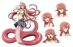 Rule 34 | 10s, 1girl, breasts, character design, character sheet, cleavage, concept art, expressions, facial expressions, full body, hair ornament, hairclip, lamia, large breasts, long hair, midriff, miia (monster musume), monster girl, monster musume no iru nichijou, multiple views, navel, official art, one eye closed, pointy ears, red hair, scales, shirt, simple background, slit pupils, smile, snake, snake tail, tail, tied shirt, v, very long hair, white background, yellow eyes