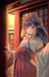 Rule 34 | 1girl, animal ears, black hair, blunt bangs, blush, closed mouth, collarbone, commentary, cowboy shot, dated commentary, double-parted bangs, elun (elun 00), eyebrows hidden by hair, hakama, hakama skirt, highres, hololive, hololive english, japanese clothes, long hair, long skirt, long sleeves, looking at viewer, miko, mole, mole under eye, ninomae ina&#039;nis, orange hair, red hakama, signature, skirt, solo, virtual youtuber, wide sleeves