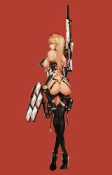 Rule 34 | 1girl, absurdres, ammunition, ass, back, bare shoulders, beret, black gloves, blonde hair, blue eyes, boots, breasts, combat shotgun, commentary, crossed legs, english commentary, full body, g-string, gloves, gun, hat, high heel boots, high heels, highres, holding, holding gun, holding weapon, large breasts, crossed legs, long hair, long legs, looking back, mecha musume, narrow waist, original, panties, red background, revealing clothes, shield, shotgun, shotgun shell, sideboob, solo, standing, thigh boots, thighhighs, thong, underwear, watson cross, weapon, wei (kaminari0411)