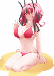 Rule 34 | 1girl, azur lane, bare shoulders, barefoot, bikini, black hair, breasts, bremerton (azur lane), cleavage, collarbone, commentary request, full body, groin, hair between eyes, hair intakes, hair ornament, large breasts, long hair, looking at viewer, midriff, mole, mole under eye, multicolored hair, nail polish, navel, parted lips, partial commentary, pink bikini, pink eyes, pink hair, pink nails, seiza, side-tie bikini bottom, simple background, sitting, solo, strap pull, streaked hair, swimsuit, toki to shishin, twintails, two-tone hair, white background