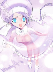 Rule 34 | 1girl, :d, blue eyes, boots, breasts, dress, earrings, facial mark, forehead mark, fur trim, hair ribbon, hat, jewelry, long hair, mittens, open mouth, ribbon, sanbasou, see-through, short hair, silver hair, smile, snowflakes, solo, standing, twintails