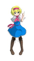 Rule 34 | 1girl, alice margatroid, blonde hair, blue dress, blue eyes, blush, boots, brown pantyhose, commentary, cookie (touhou), cross-laced footwear, dress, flat chest, frilled dress, frilled necktie, frilled sash, frills, full body, hairband, highres, ichigo (cookie), kurotsuki hiiragi, looking at viewer, necktie, open mouth, pantyhose, pink necktie, pink sash, pointing, pointing up, red hairband, sash, short hair, simple background, smile, solo, standing, touhou, white background