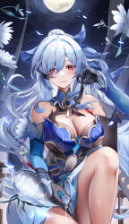 Rule 34 | 1girl, absurdres, bare shoulders, black gloves, blue dress, breasts, chinese clothes, cleavage, closed mouth, detached sleeves, dress, fangwan, gloves, high ponytail, highres, holding, honkai: star rail, honkai (series), jingliu (honkai: star rail), large breasts, long hair, looking at viewer, red eyes, smile, solo, white hair