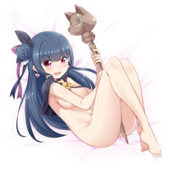 Rule 34 | 1girl, bed sheet, black capelet, blue hair, blush, breasts, bunji, cape, capelet, dark blue hair, earrings, fang, feather hair ornament, feathers, full body, genjitsu no yohane, hair bun, hair ornament, hair ribbon, heart, heart earrings, highres, holding, holding staff, jewelry, knees up, long hair, love live!, love live! sunshine!!, lying, medium breasts, naked cape, on back, open mouth, pink eyes, ribbon, signature, single side bun, skin fang, staff, tsushima yoshiko, v-shaped eyebrows, yohane (genjitsu no yohane)