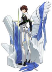 Rule 34 | 1boy, artist request, ass, bird wings, bodysuit, brown hair, chain, code geass, column, from behind, full body, gloves, green eyes, highres, holding, holding chain, kururugi suzaku, mahjong soul, male focus, marble (stone), official art, pillar, short hair, simple background, single wing, solo, standing, tachi-e, transparent background, white bodysuit, white gloves, wings