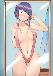 Rule 34 | 1girl, absurdres, arms behind back, arms behind head, artist name, blunt bangs, blush, boku no hero academia, breasts, collarbone, curvy, gluteal fold, highres, jirou kyouka, large breasts, looking to the side, mirror, navel, one-piece swimsuit, pink one-piece swimsuit, purple eyes, purple hair, short hair, slingshot swimsuit, solo, stomach, swimsuit, thigh gap, thighs, wide hips, z666ful
