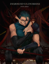 Rule 34 | 1boy, absurdres, ahoge, black hair, blonde hair, character name, copyright name, diarmuid ua duibhne (lancer) (fate), fate/zero, fate (series), gae dearg (fate), gradient background, hands on another&#039;s face, highres, male focus, mole, mole under eye, polearm, richerdo, solo, solo focus, spear, weapon, yellow eyes