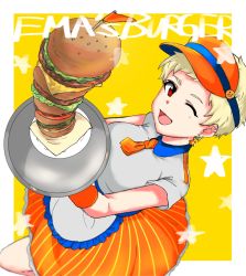 Rule 34 | 1girl, apron, blonde hair, blouse, border, burger, commentary request, e-no-ki, ear piercing, earrings, english text, food, from above, holding, holding tray, idolmaster, idolmaster cinderella girls, jewelry, looking at viewer, necktie, one eye closed, open mouth, orange necktie, orange skirt, piercing, red eyes, senzaki ema, shirt, short hair, skirt, solo, star (symbol), star earrings, striped clothes, striped skirt, tray, very short hair, visor cap, white border, white shirt, yellow background