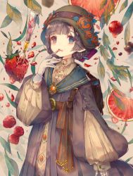 Rule 34 | 1girl, arm at side, backpack, bag, belt, blue eyes, braid, brown eyes, cha goma, commentary request, crystal, dress, finger to mouth, food, food on face, fork, fruit, gem, gloves, grey hair, hair ribbon, hat, heterochromia, highres, jewelry, leaf, licking, licking finger, long sleeves, looking at viewer, necklace, open mouth, orange (fruit), orange slice, original, puffy sleeves, raspberry, ribbon, short hair, solo, standing, strawberry, tongue, tongue out, white gloves