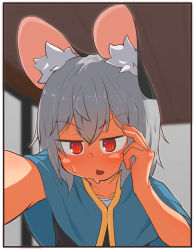 Rule 34 | 1girl, animal ear fluff, animal ears, blue capelet, blurry, blurry background, blush, border, capelet, commentary request, greenpiecerice, grey hair, grey vest, highres, indoors, kabedon, looking at viewer, mouse ears, mouse girl, nazrin, open mouth, pov, red eyes, shirt, short hair, solo, sweat, touhou, upper body, vest, white border, white shirt