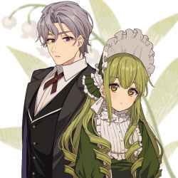 Rule 34 | 1boy, 1girl, black jacket, black vest, blurry, blurry background, bonnet, brown eyes, butler, closed mouth, collared shirt, depth of field, dress, dress shirt, flower, green dress, green headwear, grey hair, hair between eyes, jacket, karokuchitose, lily of the valley, looking at viewer, open clothes, open jacket, original, puffy sleeves, shirt, simple background, thick eyebrows, upper body, vest, white background, white flower, white shirt