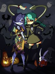 Rule 34 | 2girls, annie (skullgirls), blue hair, blue skin, braid, colored skin, cosplay, dress, eyepatch, ghost, graveyard, green hair, hair over one eye, halloween, halloween costume, hand on own hip, highres, holding hands, jack-o&#039;-lantern, jack skellington (cosplay), lantern, leviathan (skullgirls), long hair, moon, multiple girls, red eyes, sagan (skullgirls), skullgirls, smile, squigly (skullgirls), stitched mouth, stitches, the nightmare before christmas, thighhighs, tombstone, tuxedo, twin braids, yellow eyes, zombie