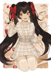 Rule 34 | 1girl, :d, absurdres, black hair, border, bread slice, crescent, crescent necklace, cup, dress, egg (food), fang, food, food on face, fried egg, fruit, girls&#039; frontline, hand up, highres, holding, holding food, holding fruit, jewelry, long hair, long sleeves, looking at viewer, necklace, open mouth, oyabuli, plaid, plaid dress, short dress, skin fang, smile, solo, strawberry, teacup, teapot, thighhighs, toast, twintails, type 97 (girls&#039; frontline), white border, white dress, white thighhighs, yellow eyes