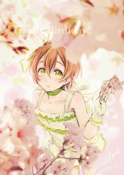 Rule 34 | 1girl, artist name, blurry, cherry blossoms, choker, commentary request, dated, depth of field, dress, gloves, green eyes, green neckwear, hair between eyes, happy birthday, highres, hoshizora rin, love live!, love live! school idol festival, love live! school idol project, orange hair, short hair, signature, solo, suito, white dress, white gloves