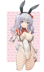 Rule 34 | 1girl, adapted costume, animal ears, blue eyes, blush, cameltoe, commentary request, covered navel, fake animal ears, fishnet pantyhose, fishnets, frills, gift, gloves, groin, hair ribbon, highres, holding, holding gift, kantai collection, kashima (kancolle), leotard, looking at viewer, medium hair, pantyhose, parted lips, playboy bunny, pupps, rabbit ears, red ribbon, ribbon, silver hair, solo, twintails, valentine, white gloves