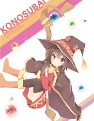 Rule 34 | 10s, 1girl, bandages, belt, black hair, black thighhighs, boots, brown footwear, cape, character class, character name, copyright name, hat, highres, kono subarashii sekai ni shukufuku wo!, kushida you, long sleeves, megumin, hugging object, orb, red eyes, short hair, single thighhigh, smile, solo, staff, thighhighs, twitter username, witch hat