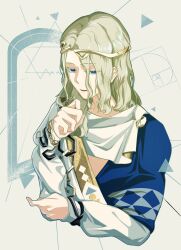 Rule 34 | 1boy, 6 (reverse:1999), ancient greek clothes, blonde hair, blue eyes, circlet, colored eyelashes, cropped torso, gejigeji0723, golden spiral, greco-roman clothes, hair between eyes, hand on own elbow, hand up, highres, himation, looking at viewer, male focus, medium hair, parted lips, reverse:1999, solo, triangle, twitter username, upper body, white background