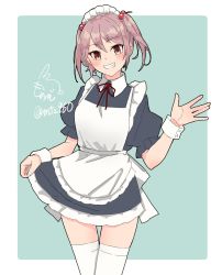 Rule 34 | 1girl, alternate costume, apron, black dress, blue background, border, commentary request, cowboy shot, dress, enmaided, frilled apron, frills, grin, hair bobbles, hair ornament, highres, kantai collection, maid, maid apron, maid headdress, mochizou, one-hour drawing challenge, pink eyes, pink hair, sazanami (kancolle), short hair, skirt hold, smile, solo, standing, thigh gap, thighhighs, twintails, two-tone background, white border, white thighhighs, wrist cuffs