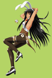Rule 34 | 1girl, animal ears, ano hito, armpits, arms up, black hair, breasts, brown eyes, commentary request, detached collar, fake animal ears, fake tail, from side, full body, green background, high heels, long hair, looking at viewer, medium breasts, nontraditional playboy bunny, open mouth, original, pantyhose, rabbit ears, rabbit tail, smile, solo, stopwatch, stopwatch around neck, tail, tan, thigh strap, very long hair, watch, wrist cuffs