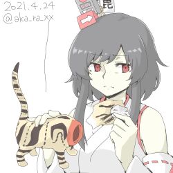 Rule 34 | 1girl, akara kai, black hair, dated, detached sleeves, holding, holding toy, japanese clothes, kantai collection, medium hair, miko, red eyes, simple background, solo, toy, twitter username, upper body, white background, yamashiro (kancolle)