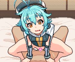 Rule 34 | 1boy, 1girl, animated, animated gif, antenna hair, assertive female, blue hair, bottomless, breasts, brown eyes, censored, clothed sex, cowgirl position, cum, cum in pussy, dithering, eiyuu densetsu, erection, girl on top, hat, heart, heart censor, hetero, millium orion, open mouth, penis, pixel art, sen no kiseki, sex, short hair, small breasts, smile, solo focus, straddling, uramomo