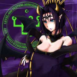 Rule 34 | 1girl, bandai, bare shoulders, bat (animal), bat symbol, bat wings, black hair, black wings, blue eyes, breasts, bridal gauntlets, bustier, claws, demon girl, detached collar, detached sleeves, digimon, digimon crusader, eyeshadow, facial mark, female focus, forehead mark, hair bun, hair ornament, hand on own hip, horns, large breasts, lilithmon, makeup, multiple wings, nail polish, open mouth, pointy ears, seven great demon lords, sharp nails, shawl, single hair bun, solo, tattoo, wings